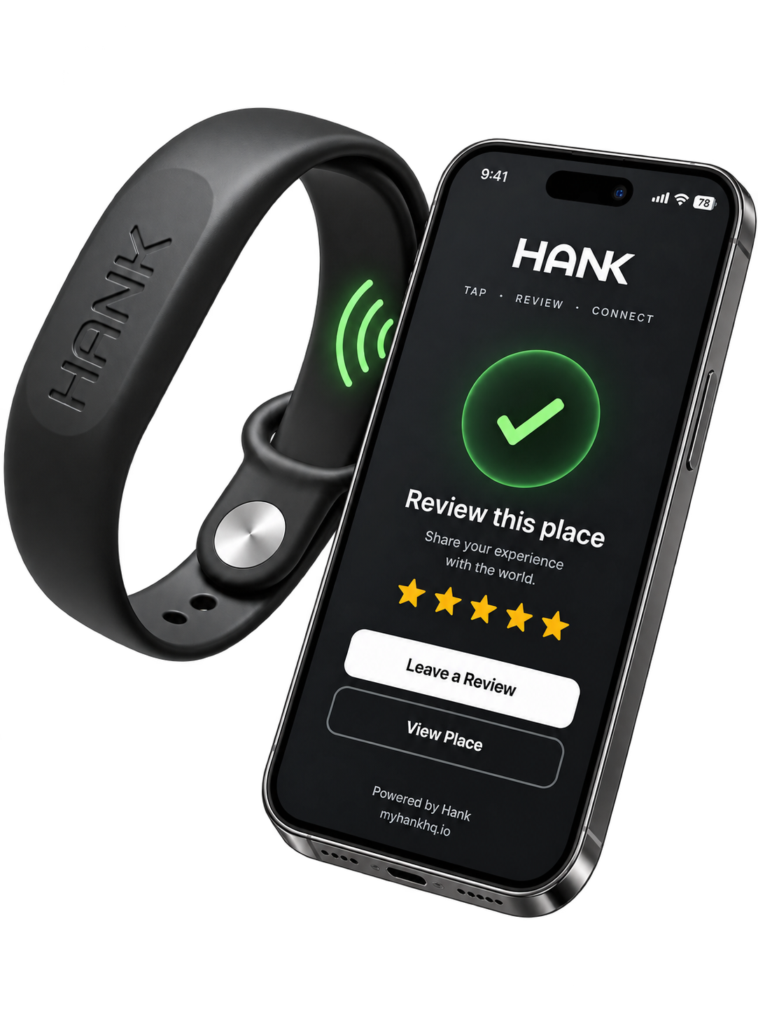 Hank band next to a phone showing the Hank review screen with a 5-star rating and Leave a Review button
