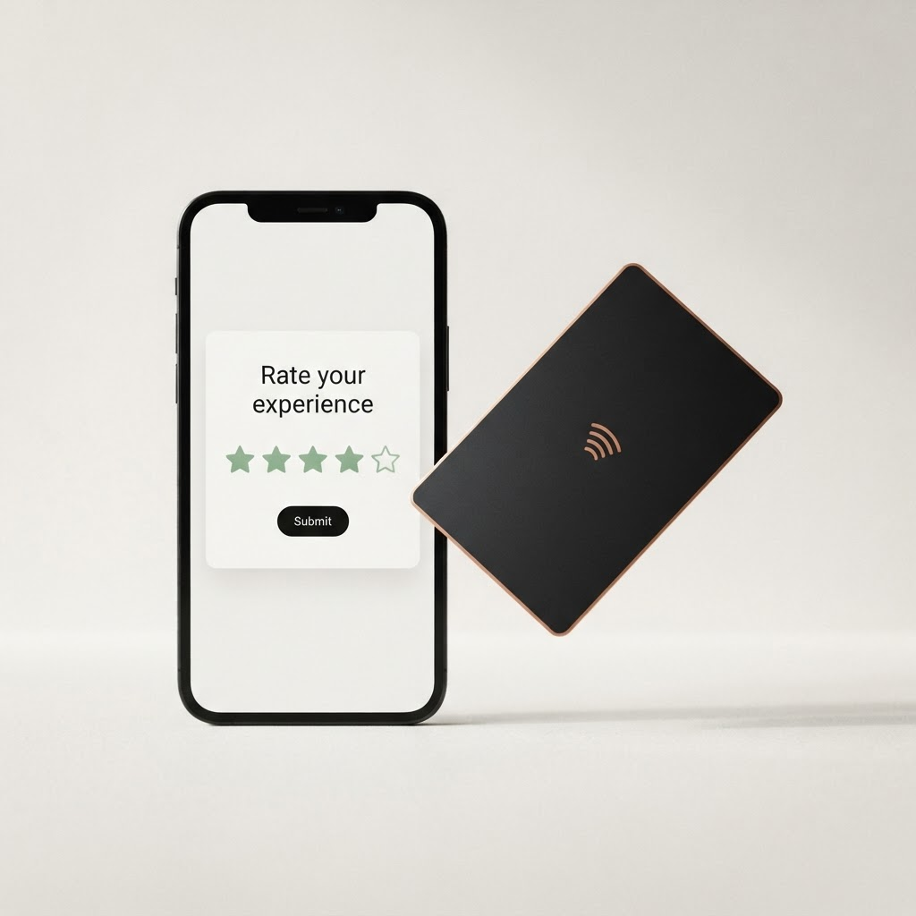 Hank card tapping a phone showing a rate-your-experience screen