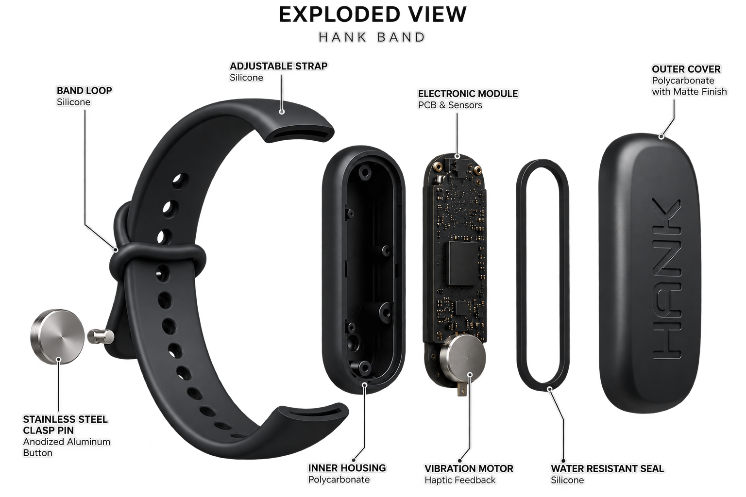 Exploded view of the Hank Band showing its adjustable strap, electronic module, outer cover, and other internal components